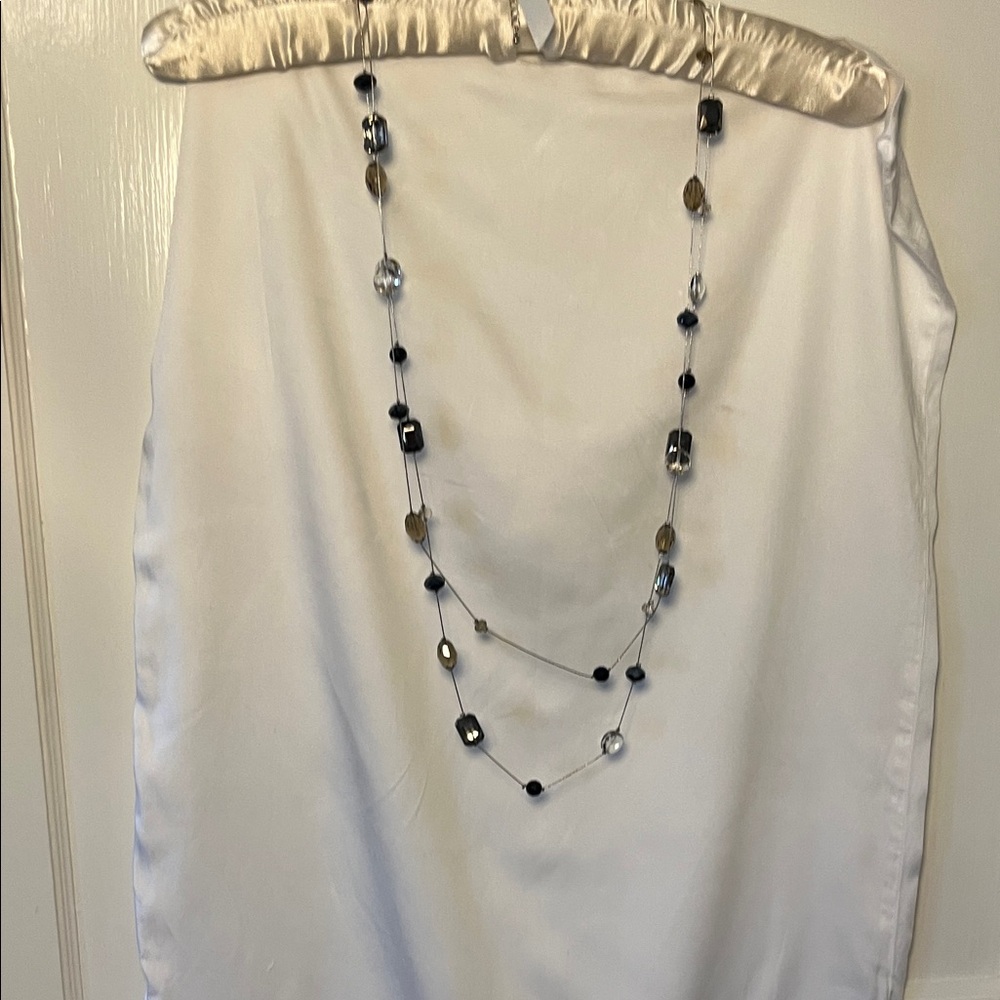 Long Black and Silver Necklace with variety of smoky jewels Statement piece